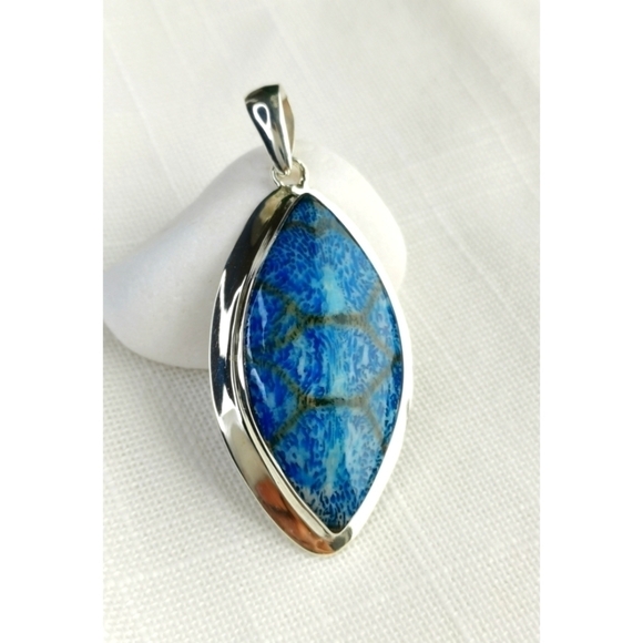 Blue Jasper marquise cabochon sterling silver pendant for necklace 🆕 - Picture 1 of 8